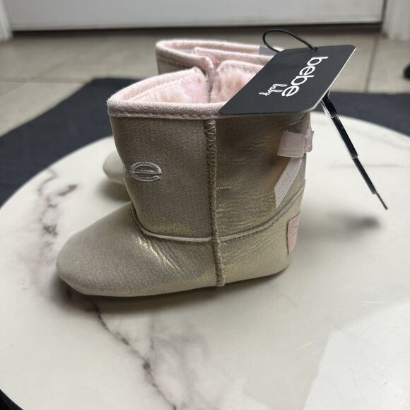 Bebe Baby Gold Glitter w/Pink Bows Sherpa Lined Baby Booties Shoes SZ 3 (6-9M) - Picture 4 of 8